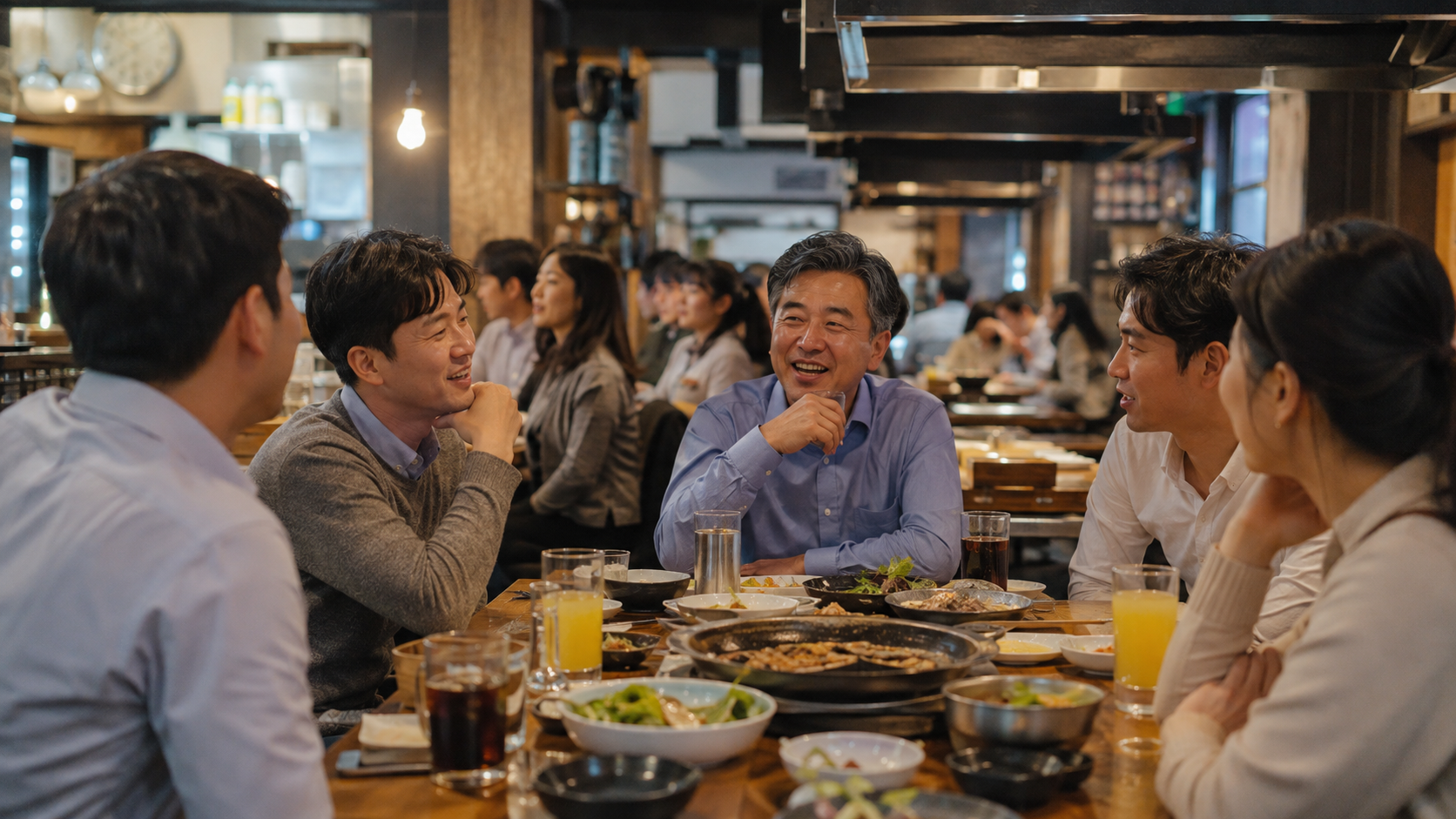 퇴근 뒤 한국 식당에서 대화하는 직장 동료들