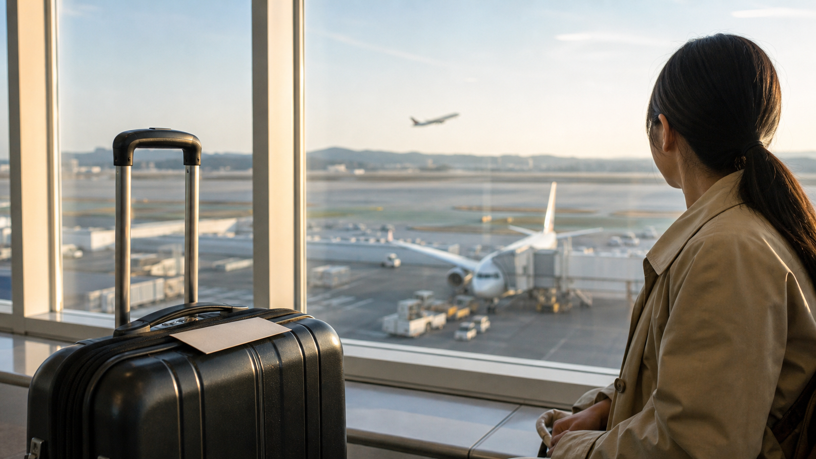 공항 출발 창가의 여행 가방과 활주로