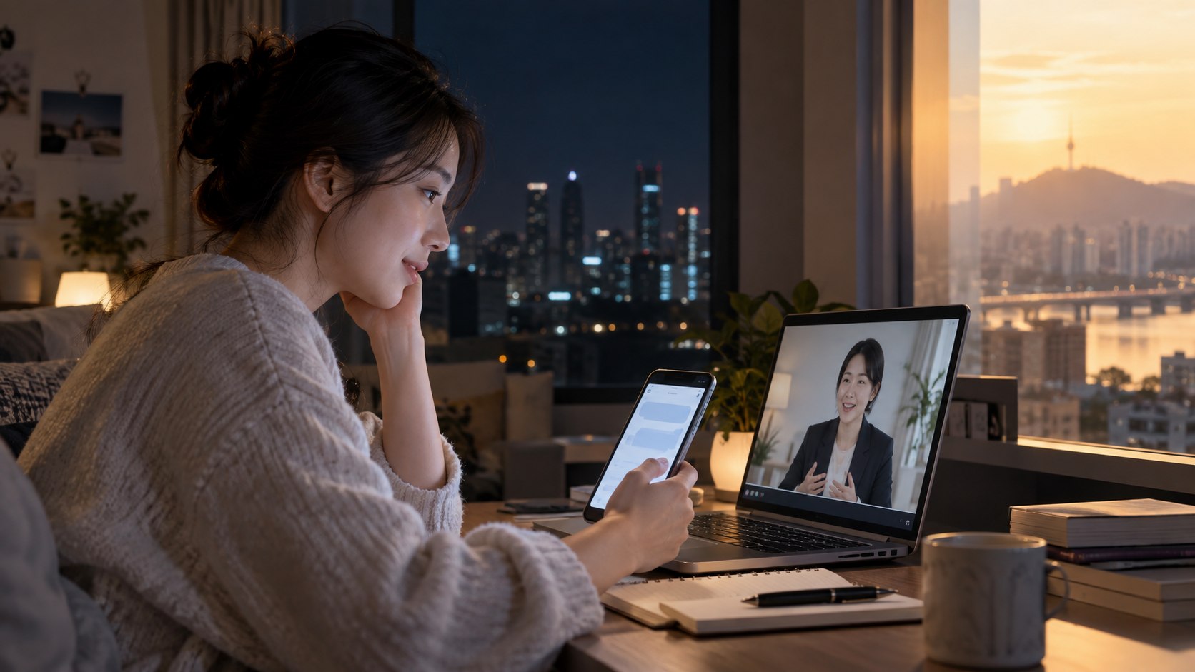 해외의 밤 시간에 여러 상담 채널을 이용하는 장면