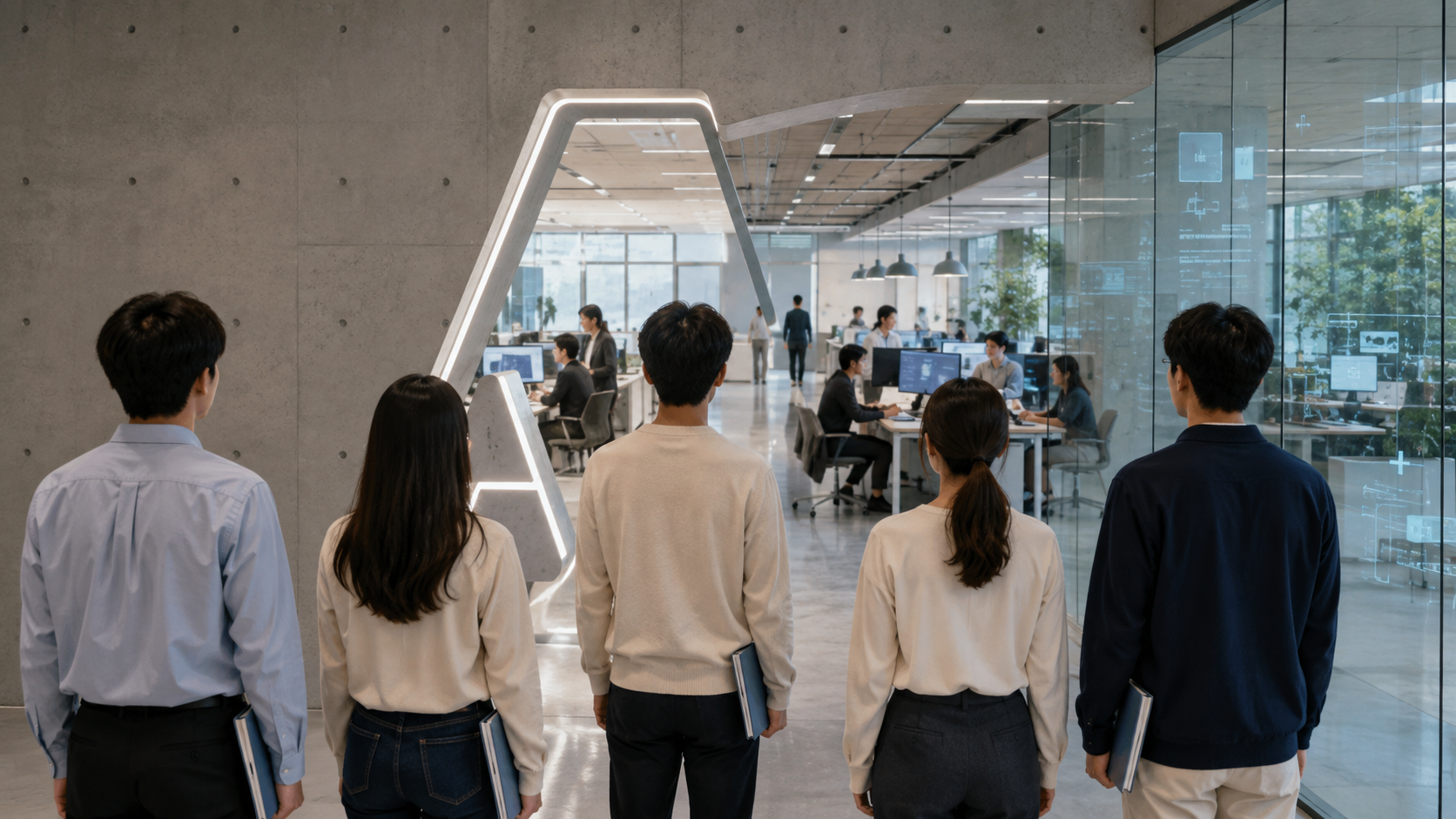 AI 업무도구를 사용하는 사무실 입구에서 취업 기회를 바라보는 청년들