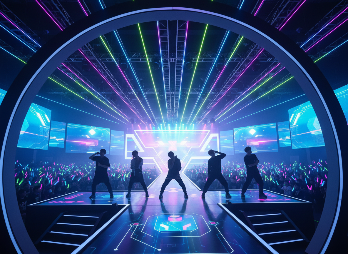 게임 행사 무대의 K-pop 공연을 상징하는 장면