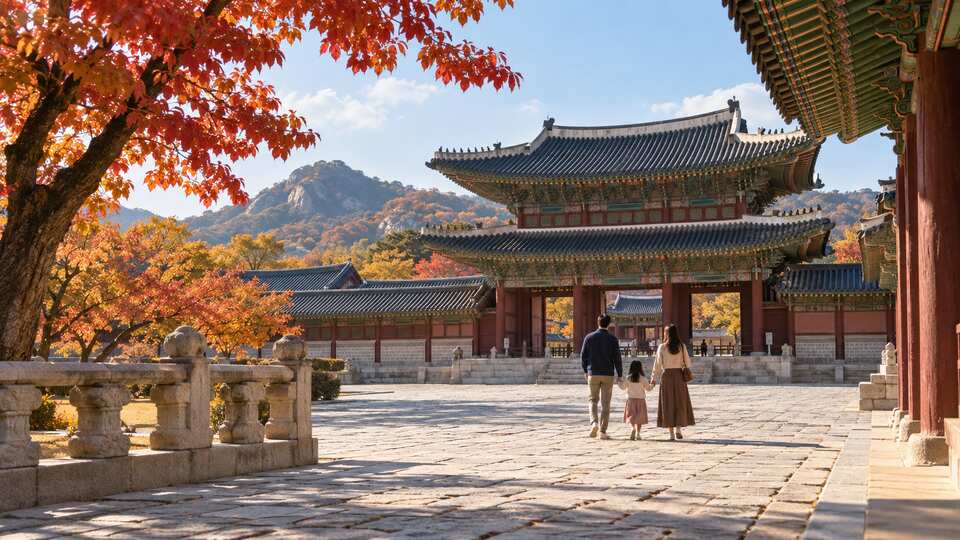가을의 한국 궁궐과 방문객