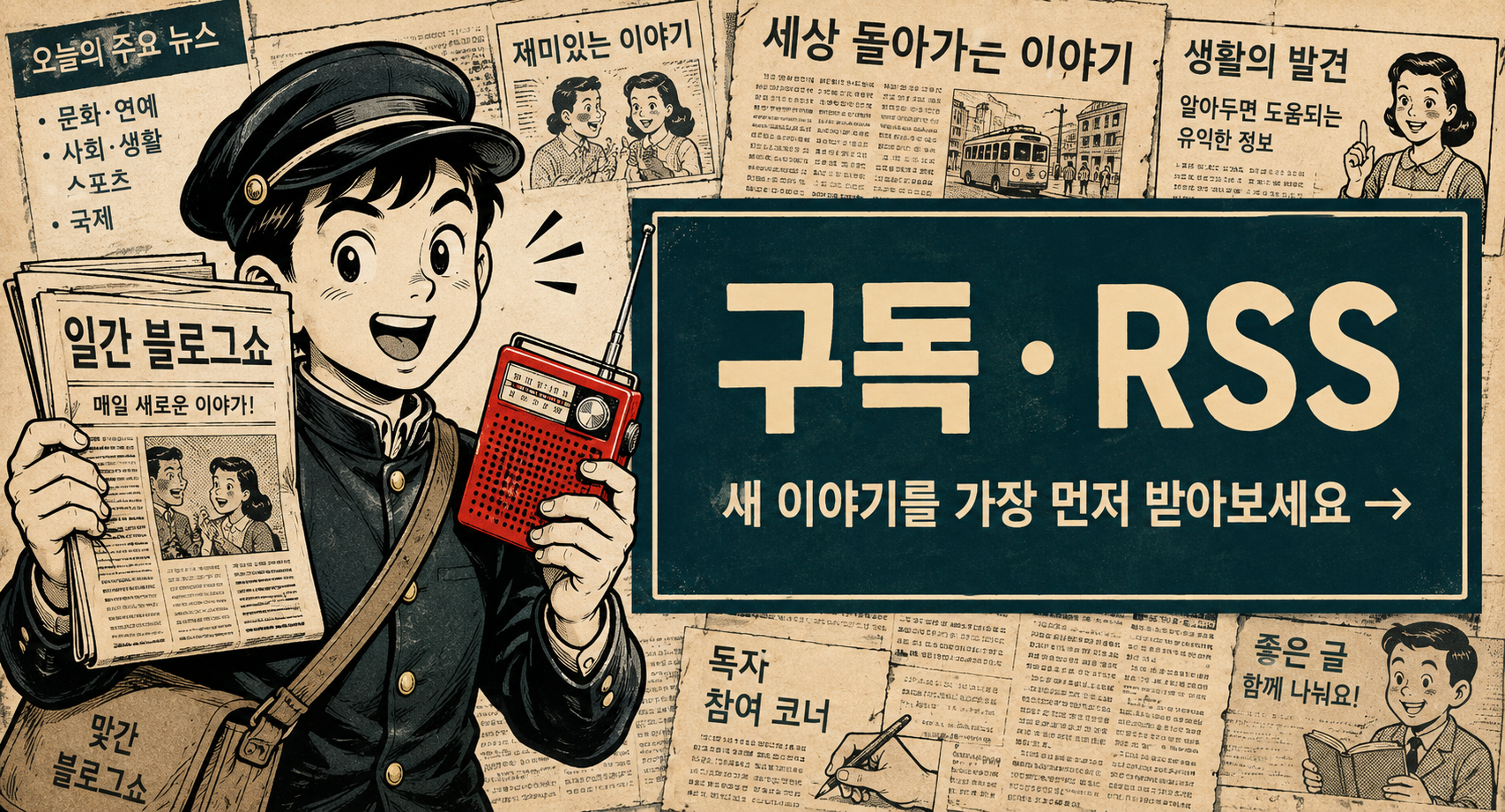 신문과 라디오를 든 소년을 그린 복고 신문 만화풍 RSS 구독 배너