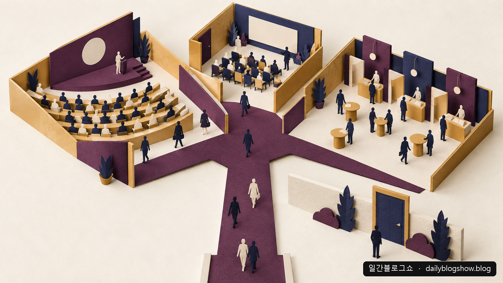 공개 세미나·기업 설명·정보 부스로 갈라지는 길과 별도 기관 문을 보여 주는 종이 디오라마