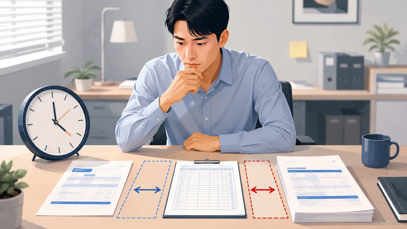임금명세서와 근로시간표를 나란히 비교하는 직장인 일러스트