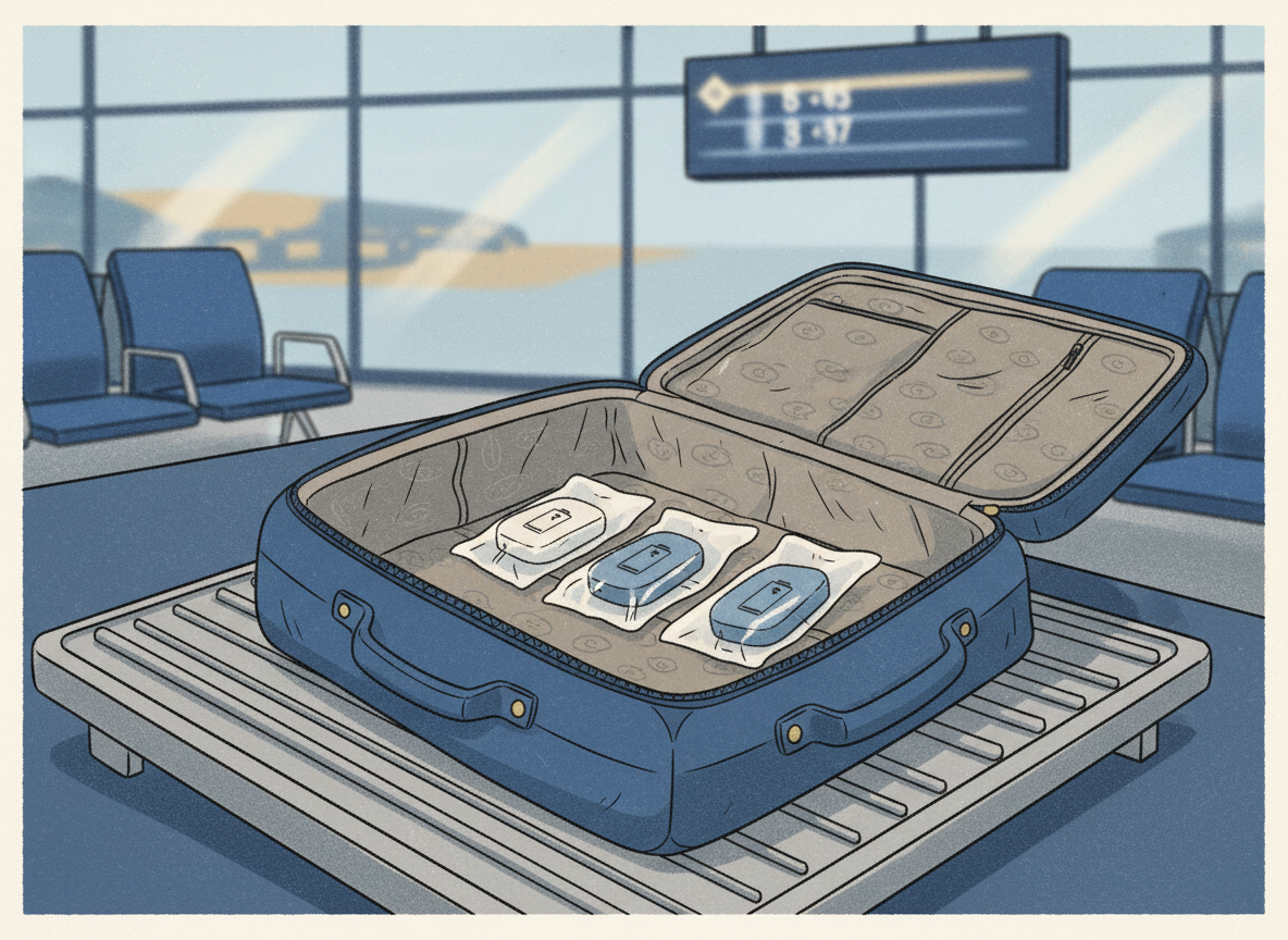 공항 보안 검색대 트레이 위에 투명 보호 파우치에 담긴 보조배터리와 기내용 가방