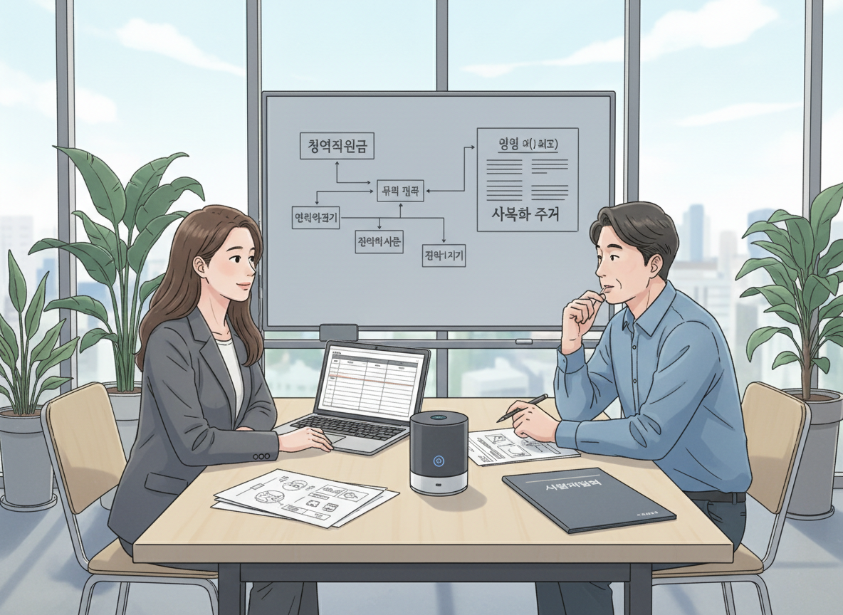 창업 아이디어와 제품 스케치를 두고 상담하는 예비창업자와 멘토의 장면