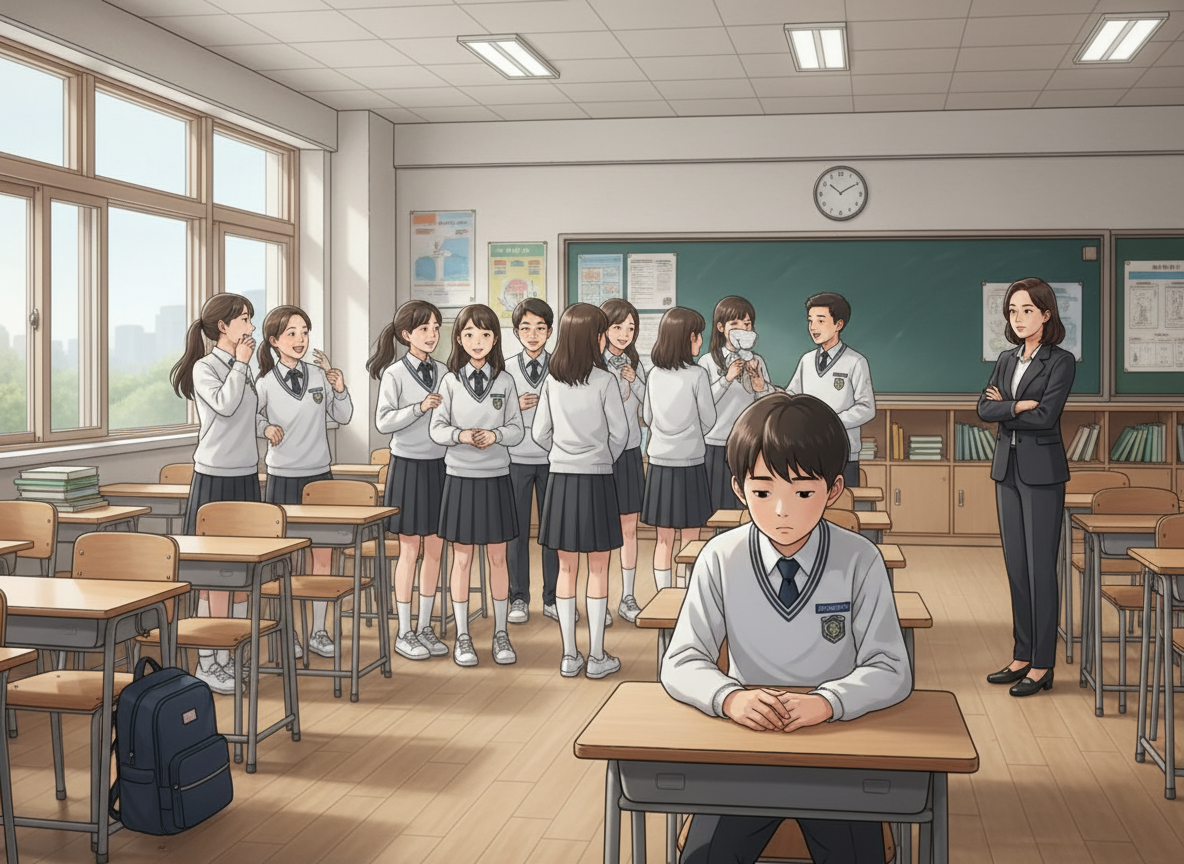 교실에서 홀로 앉아 있는 학생과 이를 살피는 교사, 대화하는 다른 학생들