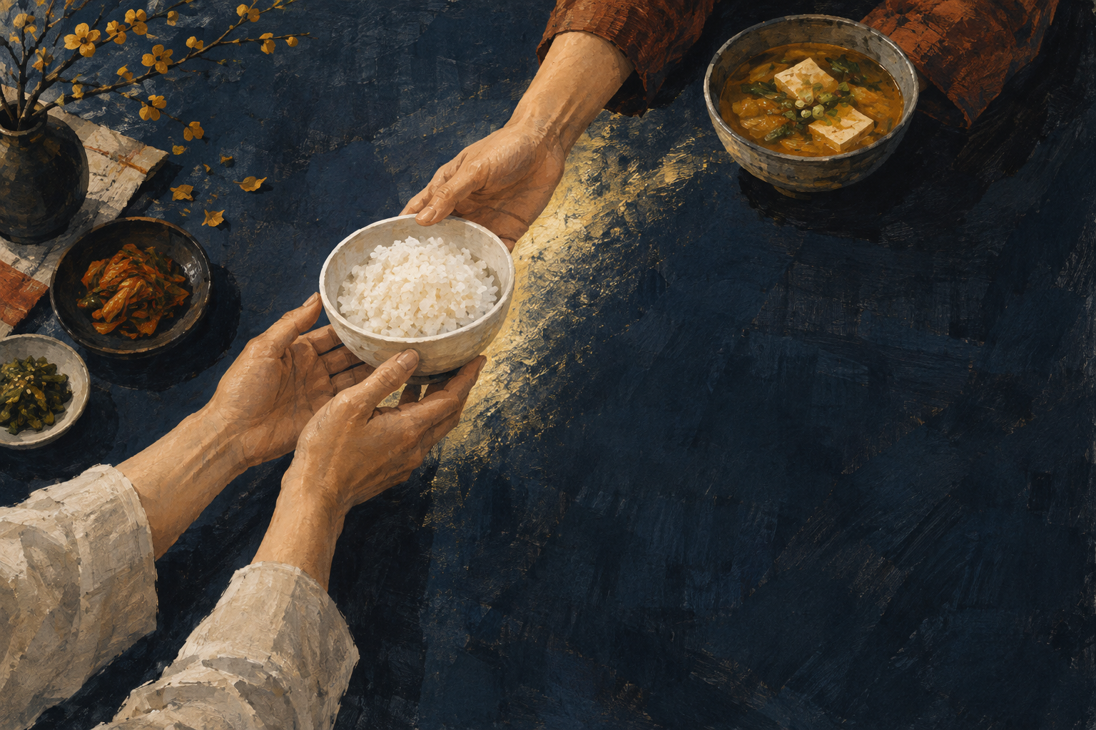 밥그릇을 건네는 손과 따뜻한 국을 그린 개념 일러스트